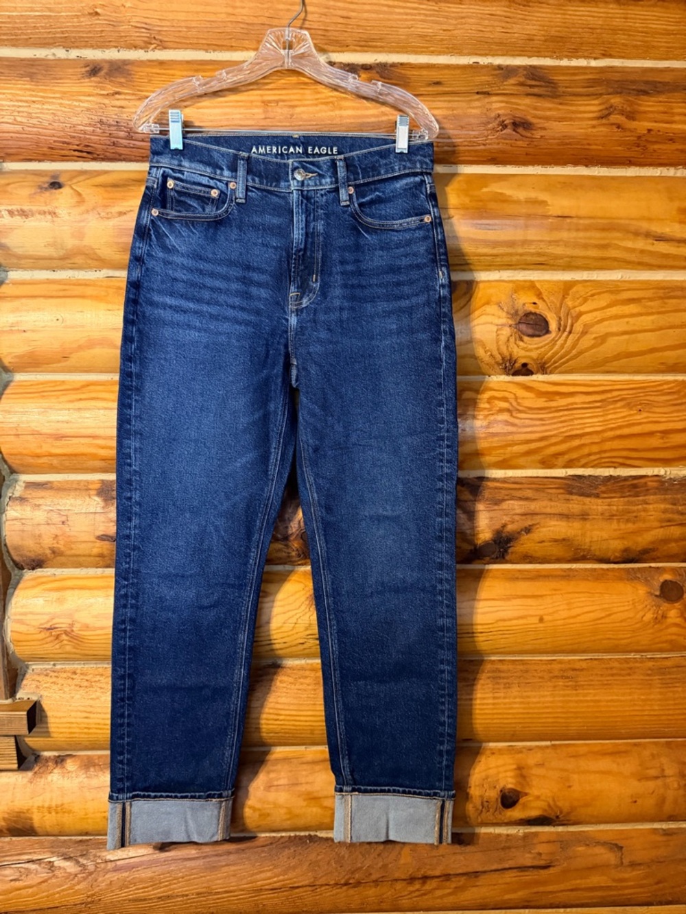 American Eagle Women’s Dark Rinse Super High Rise Cuffed Straight Leg Jeans